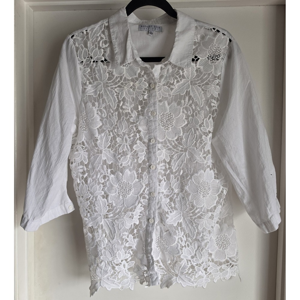 August Silk Options Women XL Floral Lace Button-Up Shirt White Blouse